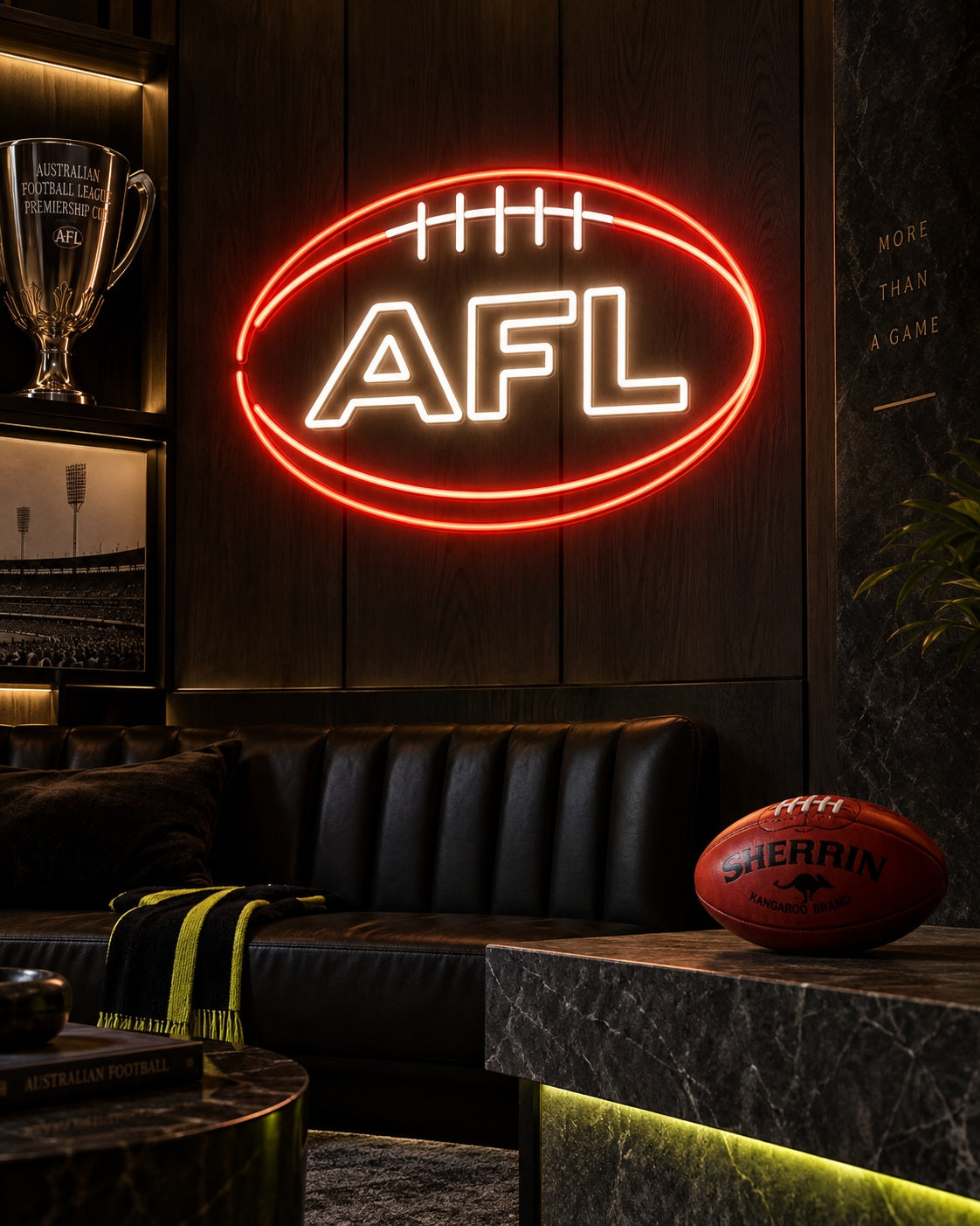 Red and white AFL football neon sign in a premium dark sports lounge
