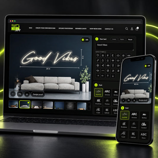 The Neon Factory sign designer open on a laptop and a phone, showing a Good Vibes neon sign being customised